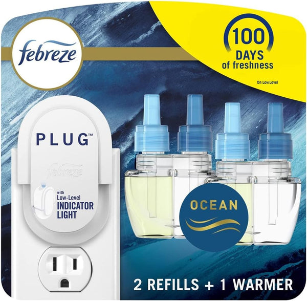 Febreze Plug in Air Fresheners for Home, Ocean Scent, Wall Diffuser, Odor Fighter, 1 Warmer + 2 Oil Refills