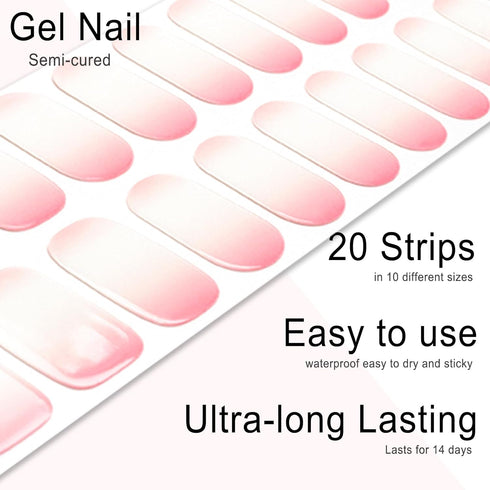 Semi Cured Gel Nail Strips - 20pcs Gel Nail Polish Stickers, Pink Full Wrap Gel Nail Art Stickers with Nail File &