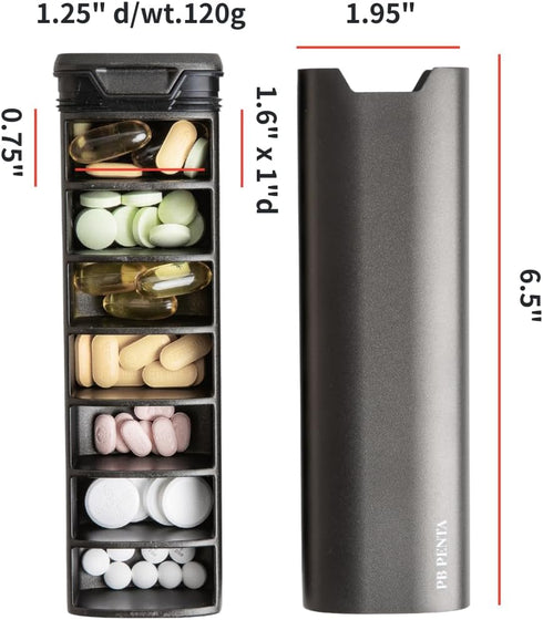 PB Penta 7-Day 100% Weekly Pill Organizer - Full Aluminum Case & Tray - Zero Microplastics Premium Medicine Box
