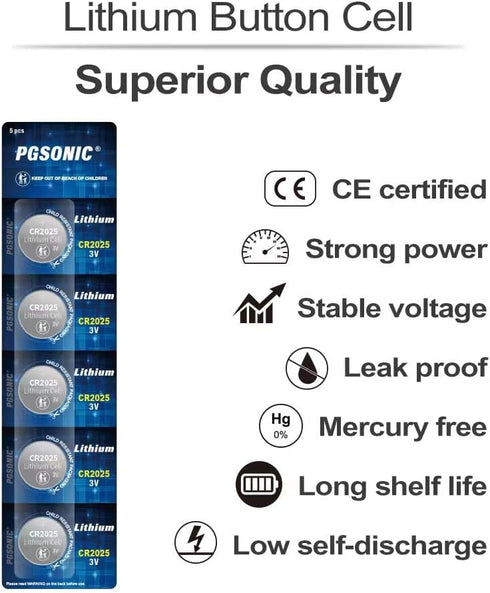PGSONIC CR2025 3V Lithium Battery, Pack of 15pcs