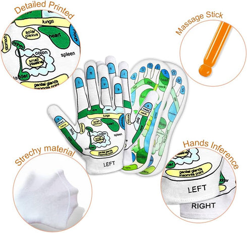 Reflexology Socks and Gloves - 4 Pcs Acupressure Tools, Tutorial Gloves with Massage Sandal, Pain Relief Socks (2 Rods)