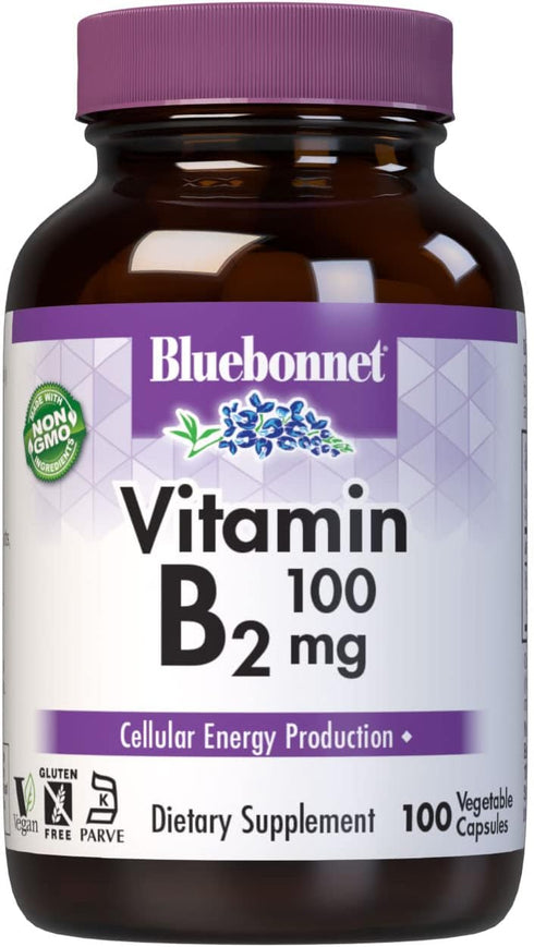 Bluebonnet Nutrition Vitamin B2 100 mg - For Cardiovascular & Nervous System Health, 100 Vegetable Capsules