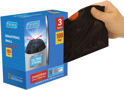 3 Gallon Black Trash Bag, Small Drawstring Garbage Can Liner, 100 Counts, 0.55 Mil