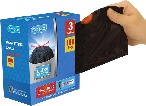 3 Gallon Black Trash Bag, Small Drawstring Garbage Can Liner, 100 Counts, 0.55 Mil