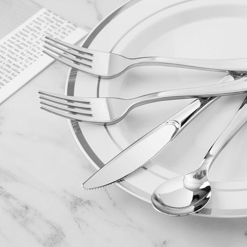 200PCS Silver Plastic Silverware - Heavy Duty Disposable Cutlery Set of 100 Forks, 50 Spoons, 50 Knives for Parties &