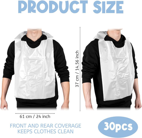 MBAIYO 30 Pack 24" Disposable Bibs, Plastic Adult Bibs for Elderly Women and Senior Men Eating Waterproof and Oil-Proof