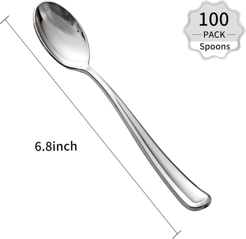 WDF 100 Pack Silver Plastic Spoons Disposable, 6.9 Inch Heavy Duty Spoons for Parties, Weddings