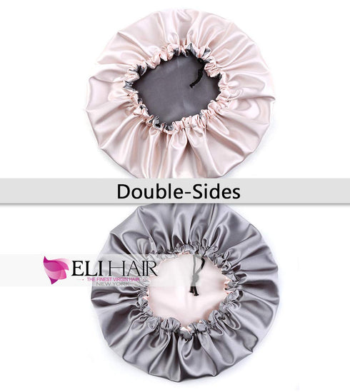 Stain Bonnet Adjustable Satin Sleep Cap, Reversible Double Layer X-Large Size in Champagne/Grey
