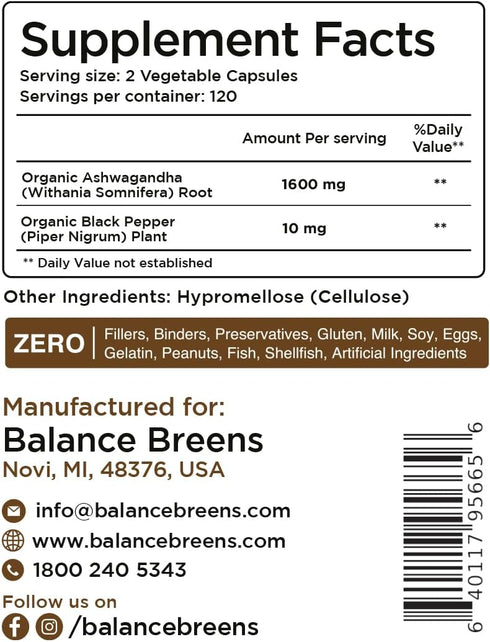 Certified Organic Ashwagandha 1600mg, 120 Veg Capsules, Supports Sleep & Balanced Energy Levels, 120 Count