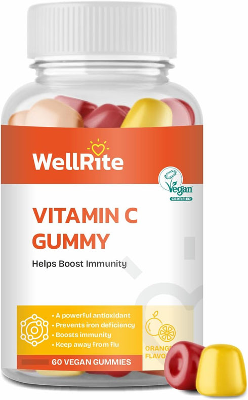 Vitamin C Gummy Vitamins, 60 Count, Orange Flavor, Vegan, Gluten Free, Boosts Immunity & Prevents Iron Deficiency