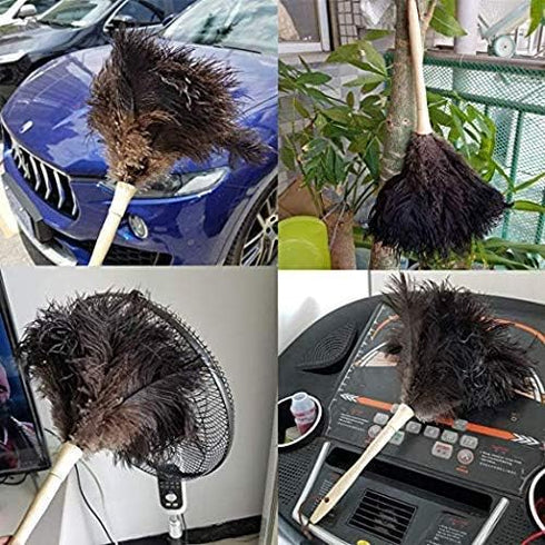 Feather Duster - Genuine Ostrich Feathers with Wooden Handle, Reusable Handheld Cleaning Supplies, Gray and Brown
