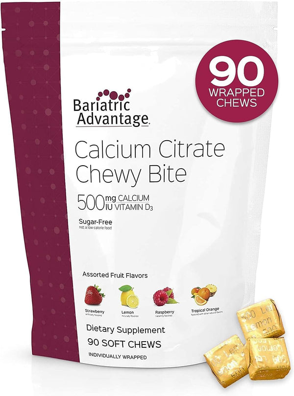 Bariatric Advantage Calcium Citrate Chewy Bites 500 mg - Sugar-Free Chewable Calcium Supplement with Vitamin D3 for