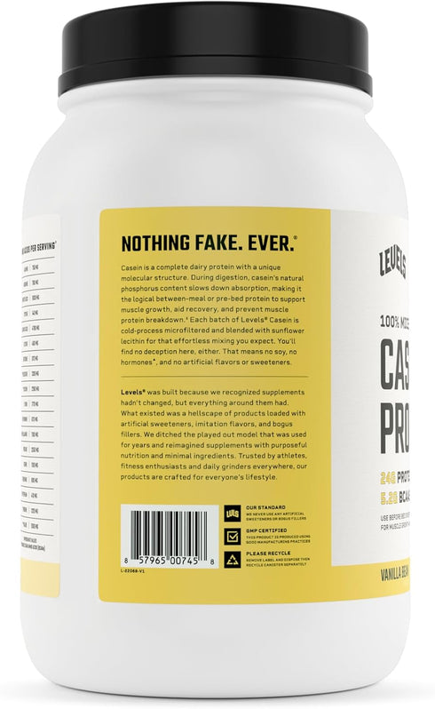 Levels 100% Micellar Casein Protein - Vanilla Bean - 2LB - Hormone Free