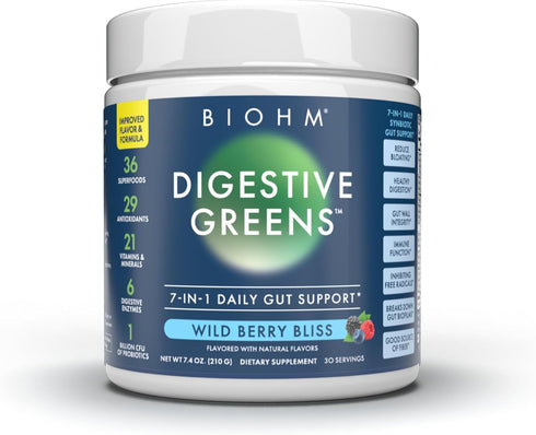 BIOHM Essential Digestive Greens - Green Superfood Powder with Antioxidants, Probiotics, and Berry Flavor