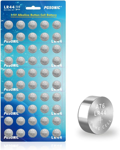 PGSONIC 50 Pack LR44 Batteries, 1.5 Volt Alkaline Button Cell Batteries with Long