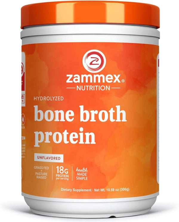 Zammex 100% Grass-Fed Beef Bone Broth Protein Powder, 18G Protein, Hydrolyzed Collagen