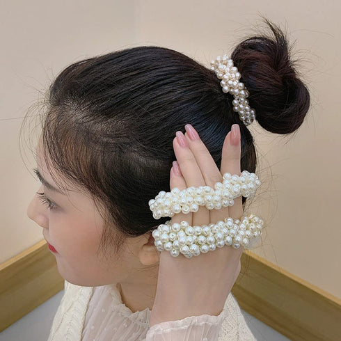 LOVEF 3 Pcs Fashion Women Pearls Beads Hair Band Rope Scrunchie Ponytail Holder