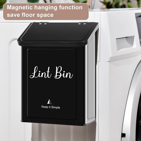 Magnetic Black Lint Bin for Laundry - Wall-Mounted Trash Can with Lid