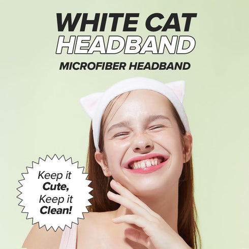 I DEW CARE Face Wash Headband - White Cat Design for Washing, Cleansing, Spa, Quick Dry, Reusable