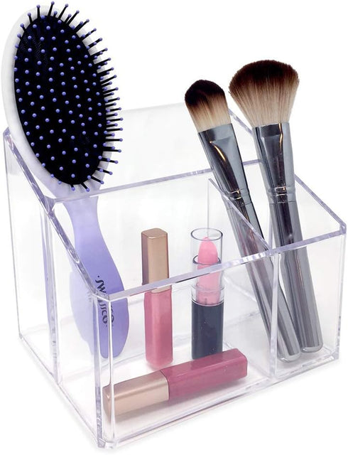 Isaac Jacobs Clear Acrylic 3-Compartment Organizer, Remote Holder & Multi-Functional Makeup, Brush, Pen & Pencil Storage Solution, for The Home, Bathroom, Office, Child’s Desk (3-Section, Clear) by Isaac Jacobs