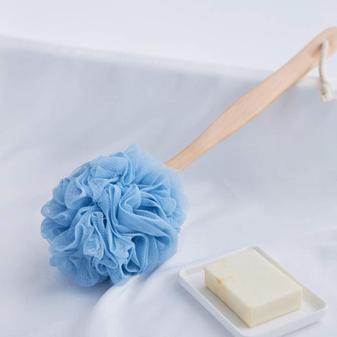 Loofah Back Scrubber for Shower, Soft Nylon Mesh Bath Sponge with Wooden Long Handle, Exfoliating Luffa Pouf (Blue)