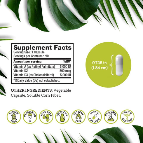 Organica DSO: ADK Vitamin Supplement, Vitamin D3 K2 and A, 90 Capsules for Bone and Heart Health Support