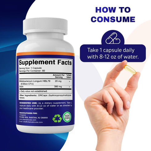 Vitamatic Bifidobacterium Longum, 6 Billion CFU per DR Capsule, 60 Count, Intestinal Health Support