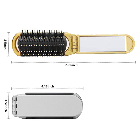 Yusong Hair Brush Set, 2 packs Mini Travel Folding Hairbrush with Mirror for Women Girls, Gold & Silver