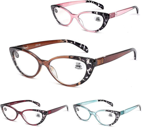 4 PACK Cat Eye Reading Glasses for Women, Blue Light Blocking Readers with Spring Hinge, Mix, 1.5