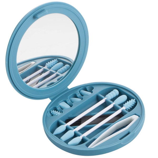 Strogem Reusable Cotton Swabs with Mirror - Makeup Application and Cleaning, Portable Washable Silicone Q-Tip (Blue)