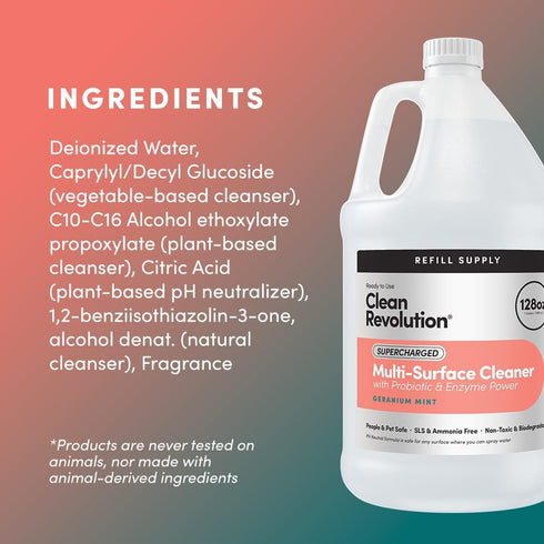 Clean Revolution SuperCharged Multi-Surface Cleaner, Refill Supply, Non-Toxic, Eco-Friendly, Geranium Mint, 128 Fl Oz