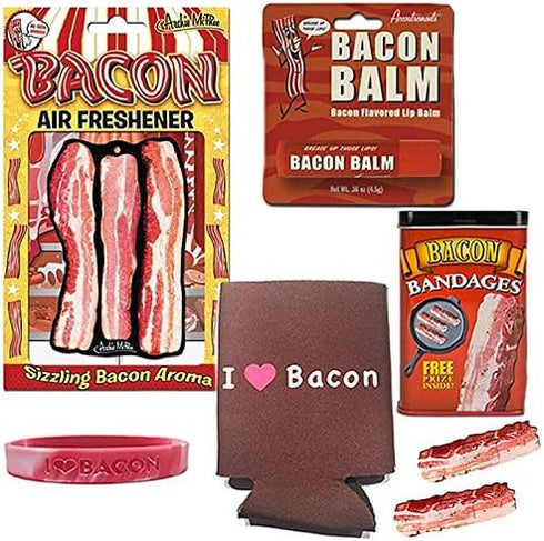 Bacon Bonanza Sampler Gift Pack (5pc Set) - I Heart Bacon Can Cooler, Bacon Bandages, Air Freshener, Lip Balm &