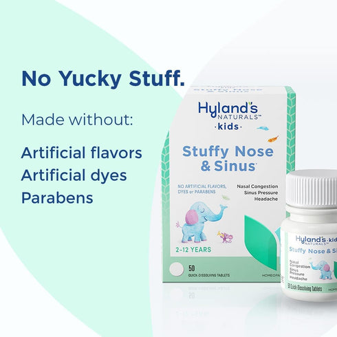 Hyland's Kids Stuffy Nose and Sinus Tablets, Cold Medicine for Children 2+, Quick Dissolving Tablets, 50 Count