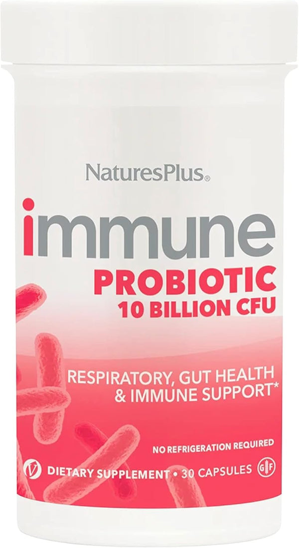 Natures Plus Immune Probiotic - 30 Capsules, 10 Billion CFU, with Prebiotic Fiber, Non-GMO, Vegan, Gluten Free - 30