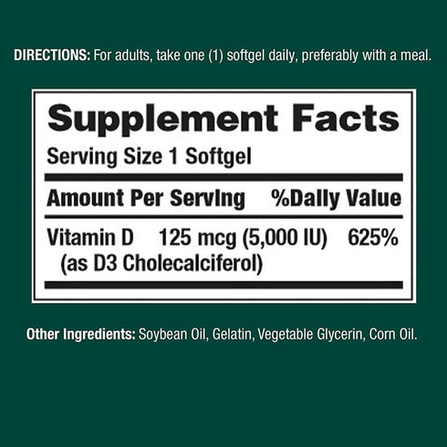 Nature's Bounty Vitamin D-5000 IU Softgels, Maximum Strength, 150 ea, Pack of 2