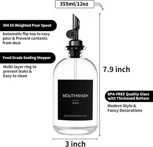 Black Glass Mouthwash Dispenser with Cups, 12.7 oz, 2 Pack, Clear Bottle with Stainless Steel Spout for Bathroom