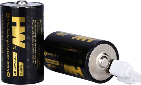 HW USB-C Rechargeable 1.5V Lithium D Batteries, 2-Pack 5000mAh/7500mWh, Fast Charging, Long Lasting