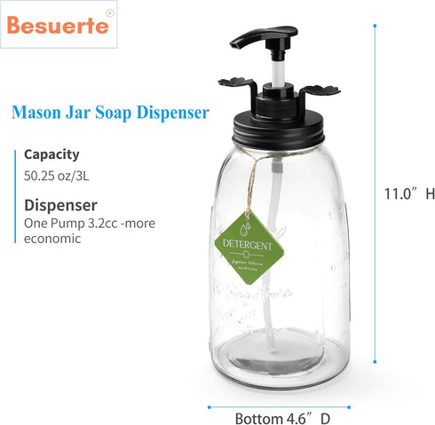 Besuerte Laundry Room Liquid Detergent Dispenser - Two 50oz Refillable Glass Mason Jar Containers with Pump
