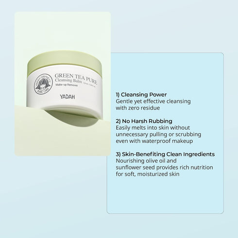 YADAH Green Tea Cleansing Balm (3.38fl oz), Makeup Remover, Moisturizing, Residue-Free, Vegan, Hypoallergenic Korean
