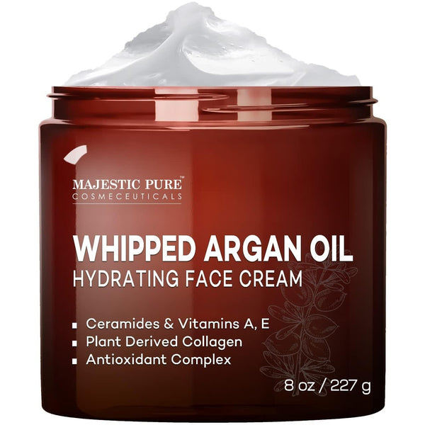 MAJESTIC PURE Whipped Argan Oil Moisturizer Face Cream, 8oz - Hydrates Dry and Oily Skin with Vitamin E, A, Collagen &