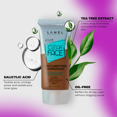 LAMEL OhMy Clear Face Foundation, Full Coverage with Salicylic Acid & Tea Tree Extract, 1.35 fl.oz for Sensitive Skin