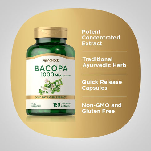 Piping Rock Bacopa Monnieri Capsules 1000 mg | 180 Count | Herbal Extract Supplement | Gluten Free, Non-GMO