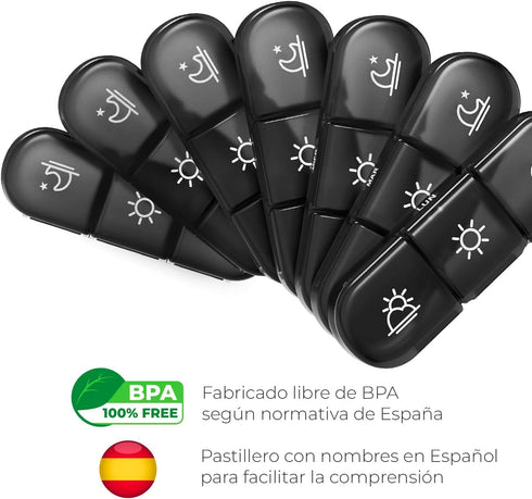 Nexum Market 3 100% 7 21 (3 Weekly Pill Box Takes in Spanish COLOR: BLACK | Individual Pill Boxes for Each Day