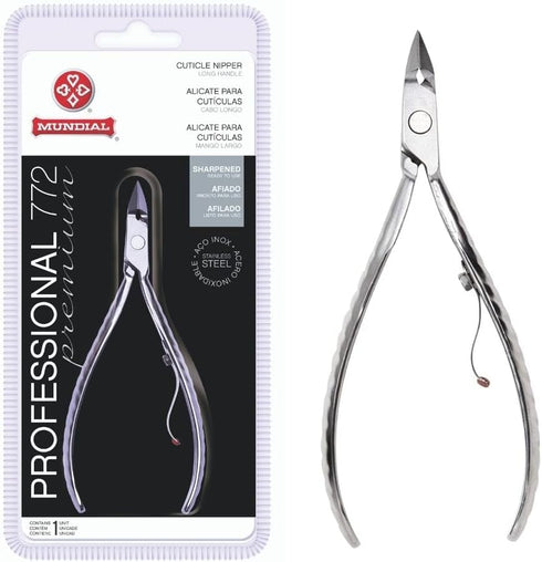 Professional Cuticle Nipper Mundial 772 PR, Long Handle Stainless Steel Trimmer for Fingernails and Toenails