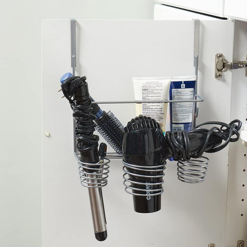 Home Basics 4 Compartment Over the Cabinet Hair Care and Styling Tool: Multi-Purpose Bath Accessory, Chrome