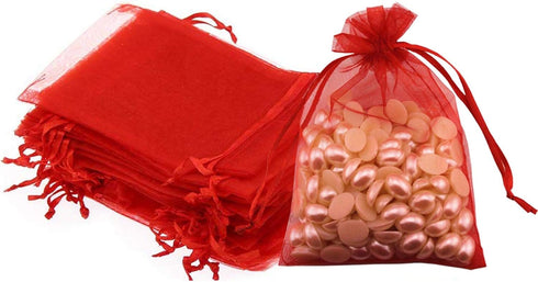 50 Pc 5x7 inch Gift Wrap Bags Red, Organza Sheer Fabric Drawstring Glossy Treat Bags for Baby Shower Favor
