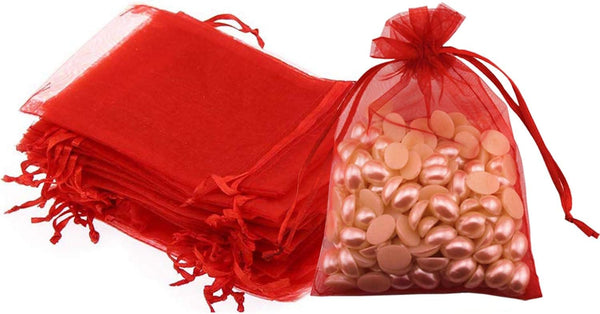 50 Pc 5x7 inch Gift Wrap Bags Red, Organza Sheer Fabric Drawstring Glossy Treat Bags for Baby Shower Favor