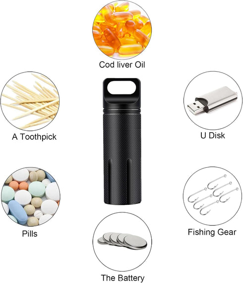 SHD Outdoor EDC Pill Box Container, Black Aluminum Alloy Waterproof Pill Holder Case for Hiking Camping