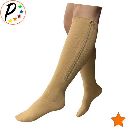 Closed Toe 15-20 mmHg Zipper Moderate Compression Leg Circulation Socks, 3XL (Beige)