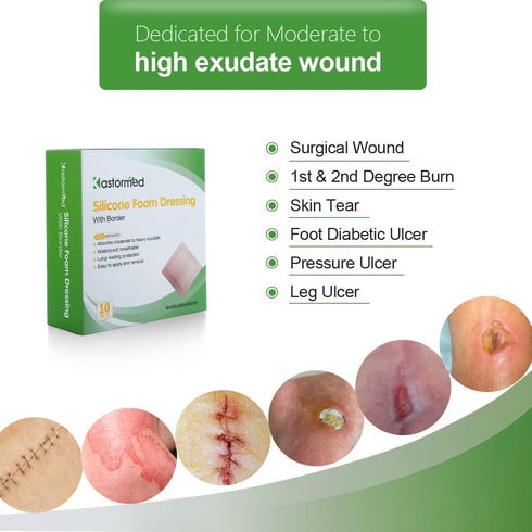 kastormed Silicone Adhesive Foam Dressing, 10 Pack 4''x4'' High Absorbency Bandage for Wound Care